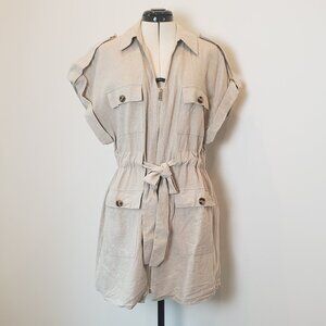 ZARA Linen Blend Safari Dress Tan Belted Zip Closure Cargo Jacket Size L
